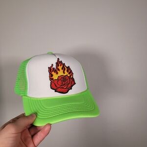 Green and White Unisex Trucker Hat with Flame Rose Design